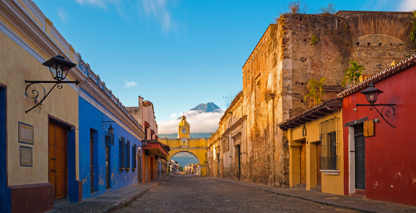The city center of Antigua during sunrise with a long exposure photograph, Guatemala.