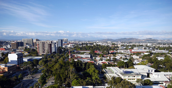 A day light view of Guatemala City buildings and sky, near to Avenida Reforma Zona 10, heading north