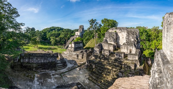Panoramic view of Mayan historic building at Tikal Jungle. Guatemala.